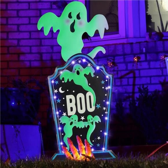 Halloween Yard Stake, 26.4" Solar Lighted Metal Tombstone with Glow in the dark - Picture 1 of 8